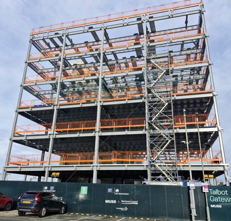 MOD office, Talbot Gateway: Steel frame, seen from Blackpool North station car park (Jan 2026)
